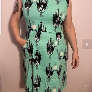 Nooworks Edie Dress XL Hand Print in Turquoise with pockets (EUC)